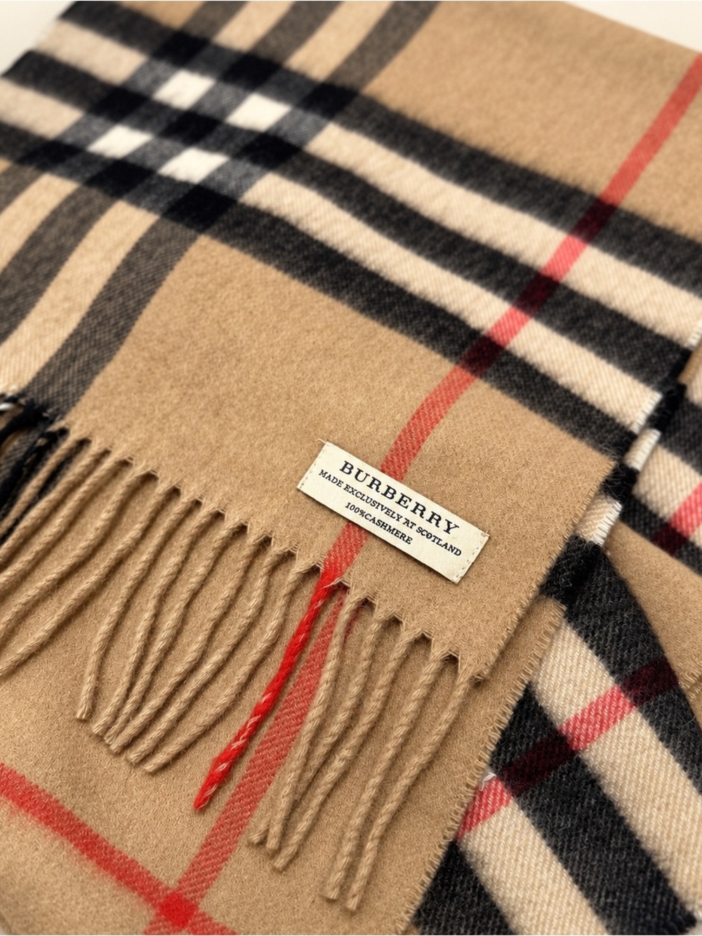 Burberry 100% Cashmere Camel Check Fringe Scarf Made in Scotland